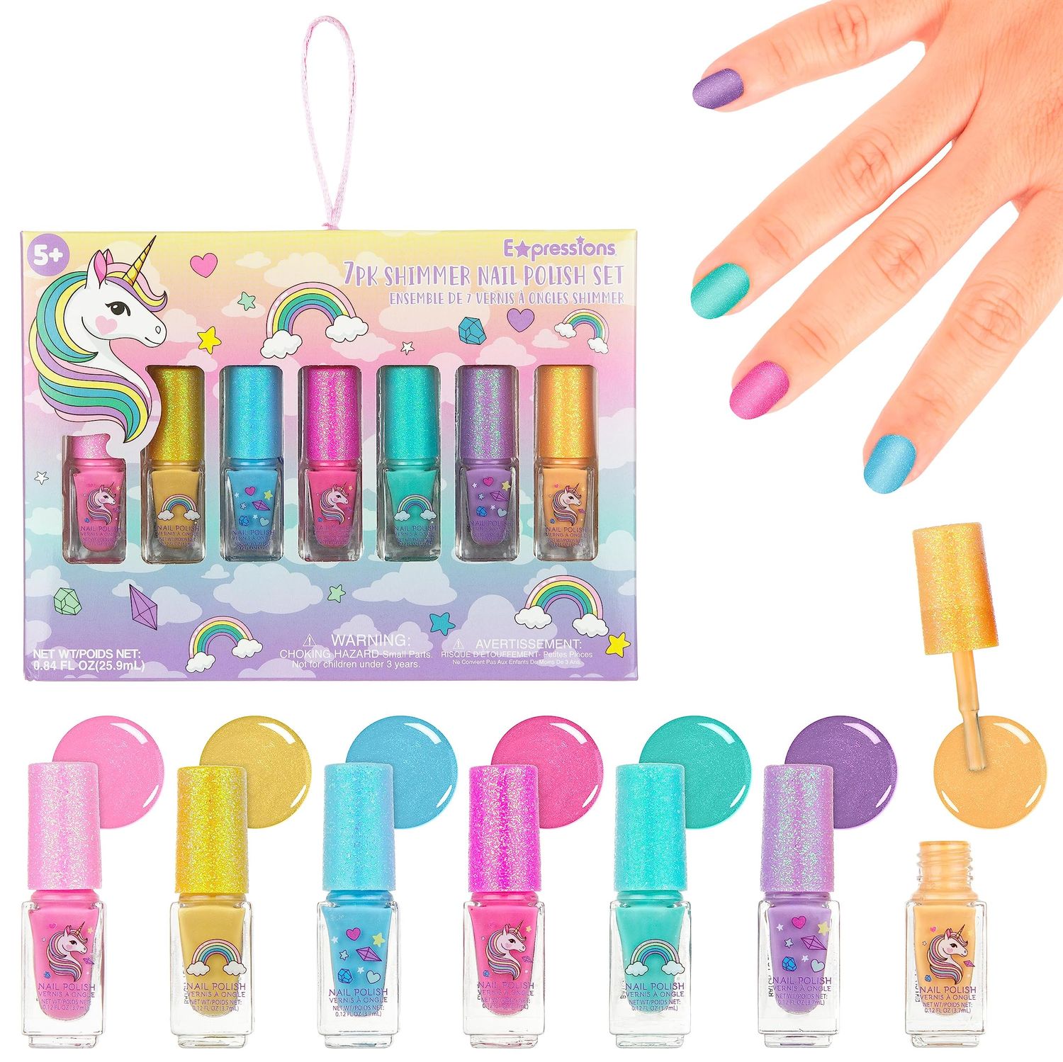 7pc Unicorn Shimmer Nail Polish Set for Girls - Glitter Cap, Non-Toxic Quick Dry Manicure &amp; Pedicure Kit, Vibrant Assorted Shades