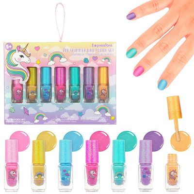 7pc Unicorn Shimmer Nail Polish Set for Girls - Glitter Cap, Non-Toxic Quick Dry Manicure &amp; Pedicure Kit, Vibrant Assorted Shades