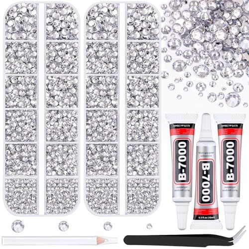 12100Pcs Silver Clear Rhinestones for Crafting with B7000 Jewelry Glue, 2 Boxes Resin Flatback Crystals Diamonds for Bedazzling Crafts DIY Clothing ShoesGems for Nail Art Makeup