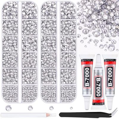 12100Pcs Silver Clear Rhinestones for Crafting with B7000 Jewelry Glue, 2 Boxes Resin Flatback Crystals Diamonds for Bedazzling Crafts DIY Clothing ShoesGems for Nail Art Makeup