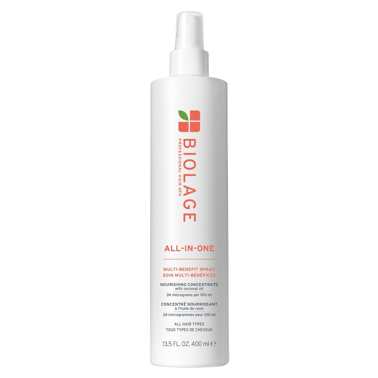 Biolage All-In-One Multi-Benefit Spray - Leave-In Treatment, Heat Protectant, Shine, Frizz Control, For All Hair Types, Coconut Oil, Vegan &amp; Paraben-Free, 13.5 Fl Oz, Packaging may vary