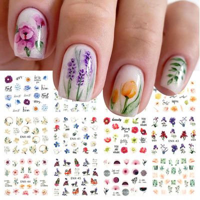 JMEOWIO 12 Sheets Flower Nail Art Stickers Decals Self-Adhesive Pegatinas Uas Spring Summer Colorful Floral Leaves Nail Supplies Nail Art Design Decoration Accessories
