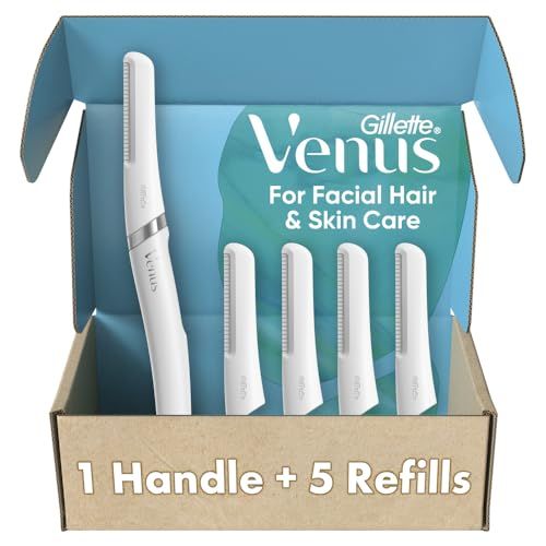 Gillette Venus Facial Razor, Exfoliating Dermaplaning Tool for Face, Replaceable Refills, Removes Fine Facial Hair, Exfoliates Dead Skin, Skin Defense Guard, Handle with 5 Blade Refills