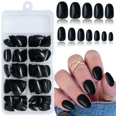 Lifextol Short Press on Nails Almond Fake Nails Black, 240 Round Almond Press on Nail Short Full Cover Acrylic Presson Nail Tips False Artificial Fingernails &amp; Nail Glue Adhesive Tabs for Women Kids