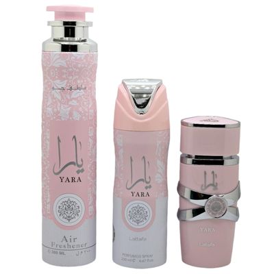 Lattafa Yara For Women 3 Piece Gift Set (3.4 Fl Oz EDP 6.67 Fl Oz Deo 10.14 Fl Oz Air Freshener)