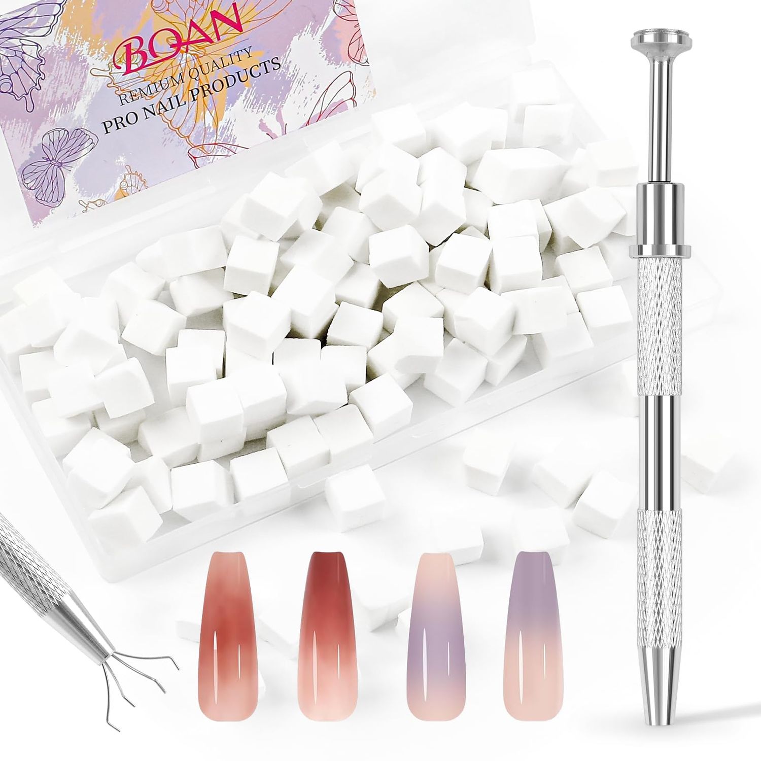 BQAN Nail Sponges for Ombre, 100pcs 0.39 Nail Art Sponge with Gripper Pen for Nail Art Manicure Nail Art Tools for Nail Tech and Beginner (Silver)