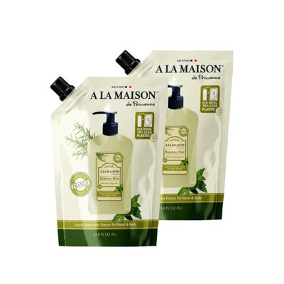 A LA MAISON French Liquid Hand Soap RefilL - Natural Hand Wash Made with Essential Oils - Biodegradable, Plant-Based, Vegan, Cruelty-Free (33.8 Fl Oz Pouch (2 Pack), Rosemary Mint)