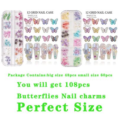 COOSLIM 108 Pcs Butterfly Bow Nails, Butterfly Bowknot Nail Charms Kit,3D Mix Color Aurora Butterflies Shape Bows Nail Art Decorations, Butterfly Nail Charms for DIY Crafts Design B11