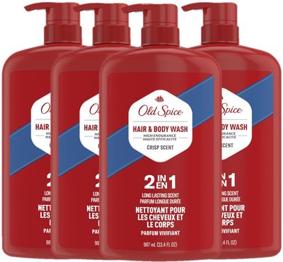 Old Spice Refreshing 2-in-1 Body &amp; Face Wash for Men, High Endurance, 3X Defense, 24/7 Shower Fresh with Lasting Scent, Crisp Scent, 33.4 oz (Pack of 4)