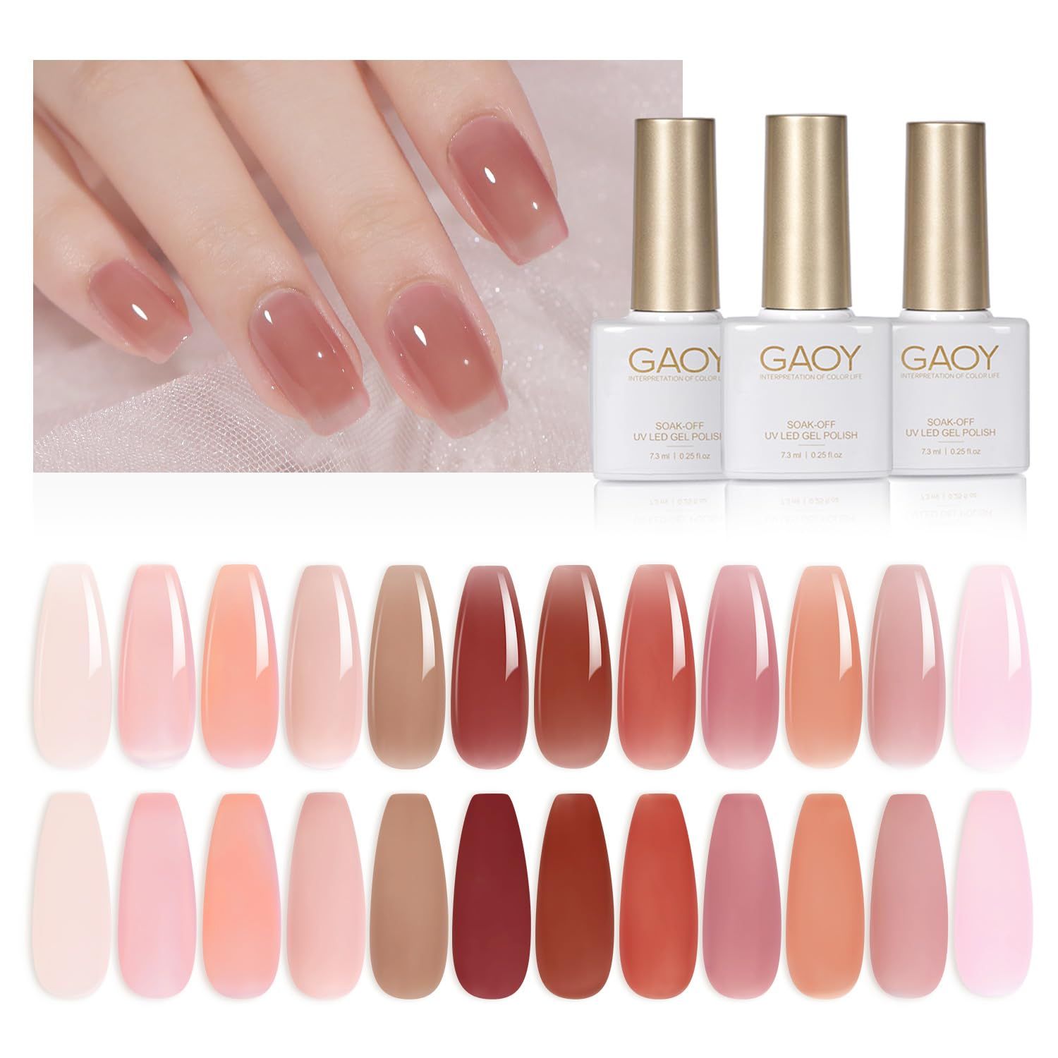 GAOY 15 Pcs Jelly Gel Nail Polish Kit, Sheer Nude Pink Colors Gel Polish Set with Glossy &amp; Matte Top Coat and Base Coat for Nail Art DIY Manicure and Pedicure at Home
