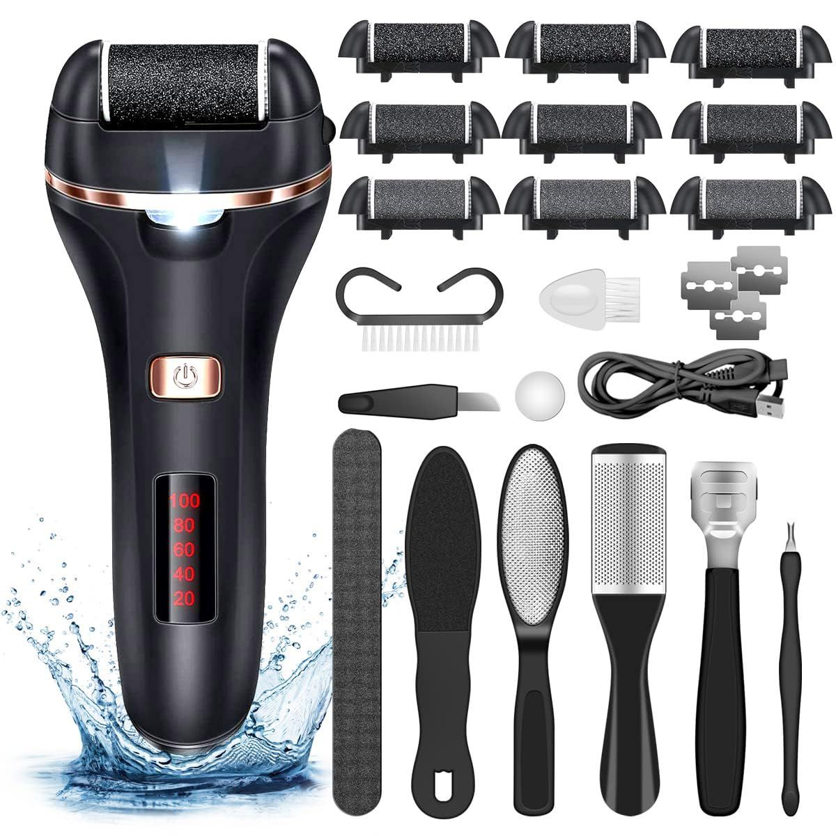 Electric Callus Remover for Feet,Rechargeable Foot File Hard Skin Remover,Waterproof 14 in1 Professional Pedicure Kit for Cracked Heels &amp;Dead Skin,with 9 Roller Heads 2 Speed