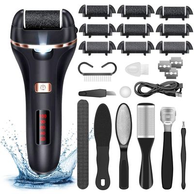 Electric Callus Remover for Feet,Rechargeable Foot File Hard Skin Remover,Waterproof 14 in1 Professional Pedicure Kit for Cracked Heels &amp;Dead Skin,with 9 Roller Heads 2 Speed