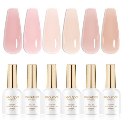 Beautpal Nude Gel Polish Set, 6pcs Jelly Gel Polish Nude Pink Neutral Color Translucent Gel Nail Kits for Salon Gel Manicure and Nail Art DIY at Home 8ml