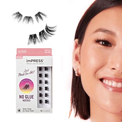 KISS imPRESS Falsies Press On Self Adhesive Eyelashes, 12mm-14mm Glam Volume Press On Lashes, Black, No Glue Needed, Invisible Band, 12 Lash Clusters - Elegant