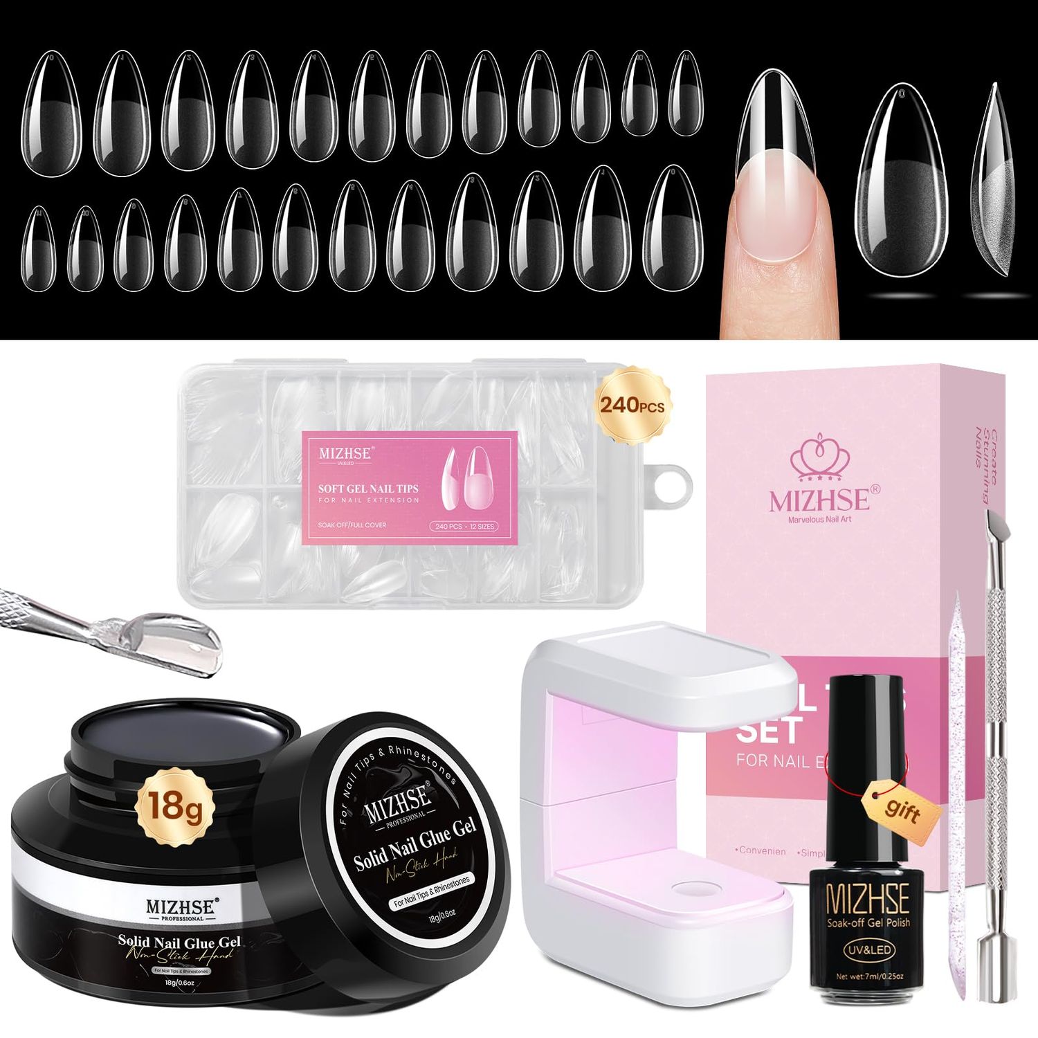 MIZHSE Gel Nail Kit Short Almond Gels Nail Tips, Solid Nails Glue Gel for Press On Nails with Portable U V Lamp 240Pcs 12 Sizes Half Matte Nail Tips Extension U V LED Gift for Women