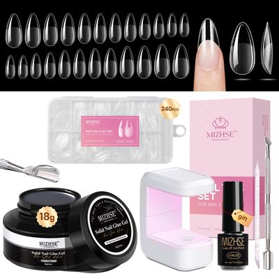 MIZHSE Gel Nail Kit Short Almond Gels Nail Tips, Solid Nails Glue Gel for Press On Nails with Portable U V Lamp 240Pcs 12 Sizes Half Matte Nail Tips Extension U V LED Gift for Women