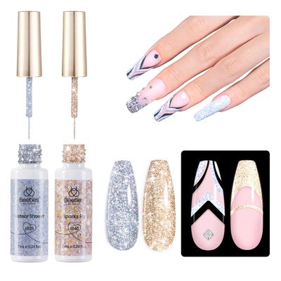 Beetles Silver &amp; Golden Nail Art Gel Liner 2 Pcs Reflective Glitter Gel Nail Polish Soak Off Uv Lamp for Thin French Line Nails Manicure Nails Art Brush Paint