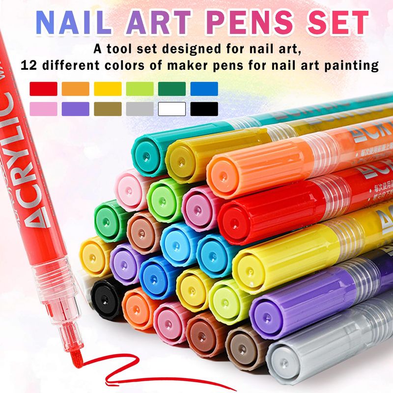 IONSGAKO 12 Colors Nail Art Pens Set Nail Polish Pens Nail Art Drawing Pen Quick Dry Waterproof Nail Art Painting Pens kit for Home DIY Nail Art Design