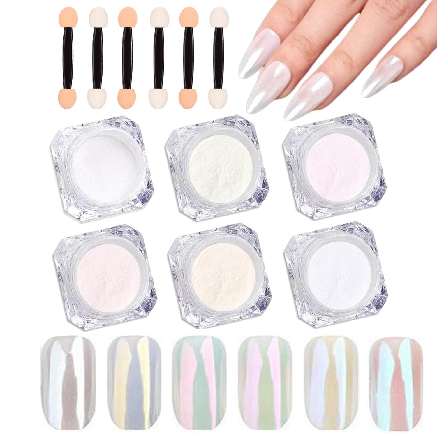 Miniling White Pearl Chrome Nail Powder Kit - 6 Colors Aurora Iridescent Holographic Mirror Effect Mermaid Pigment Glitter Dust, Pearlescent Manicure Art