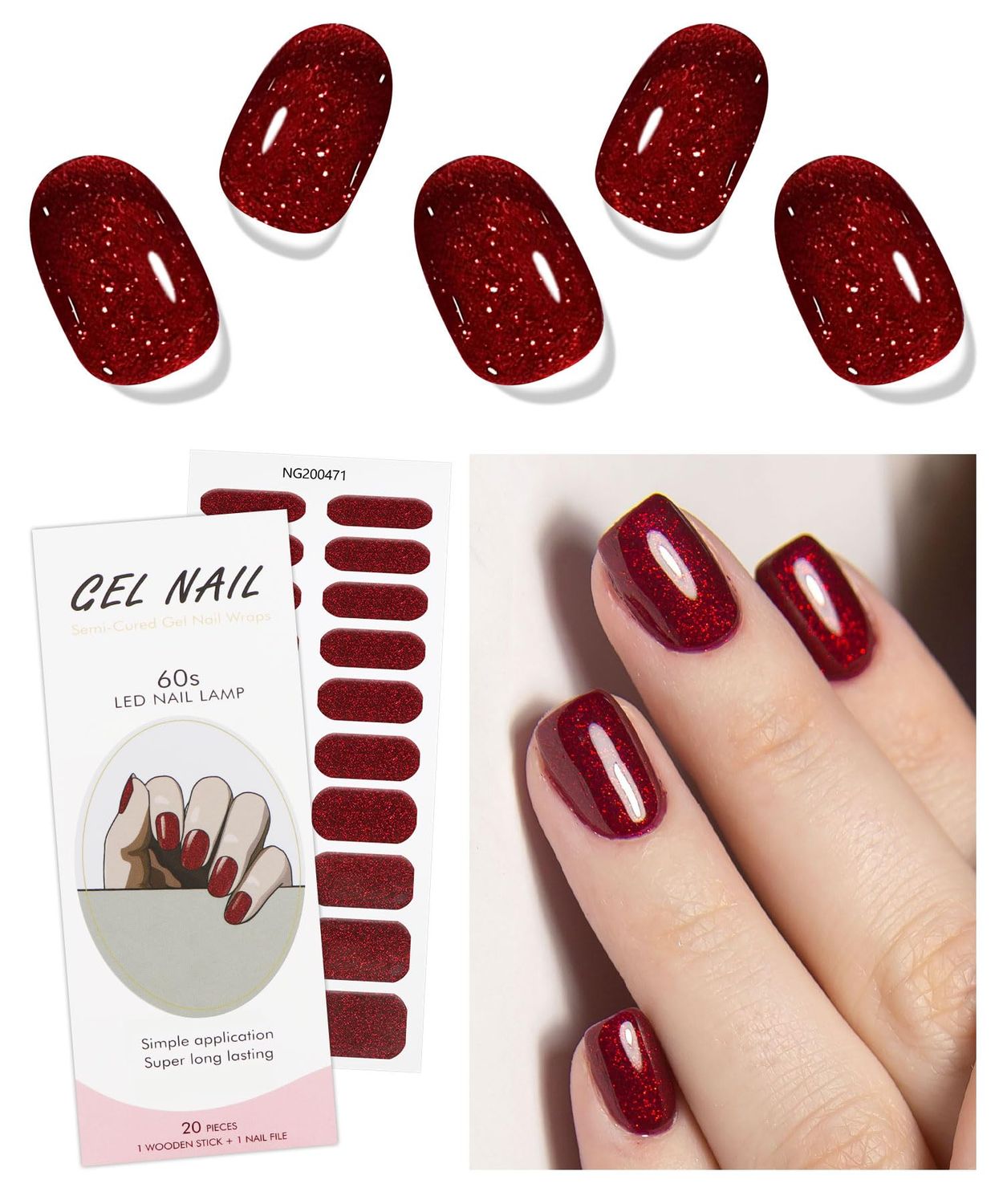 JMEOWIO Gel Nail Stickers Dark Red Glitter Christmas Semi Cured Gel Nail Strips Wraps UV/LED Nails Art Design Decoration Accessories