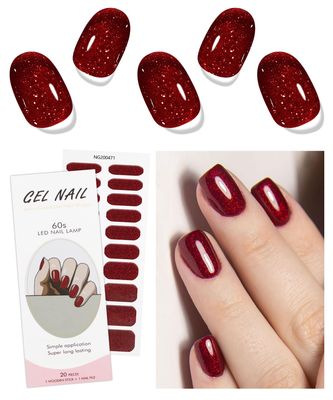 JMEOWIO Gel Nail Stickers Dark Red Glitter Christmas Semi Cured Gel Nail Strips Wraps UV/LED Nails Art Design Decoration Accessories