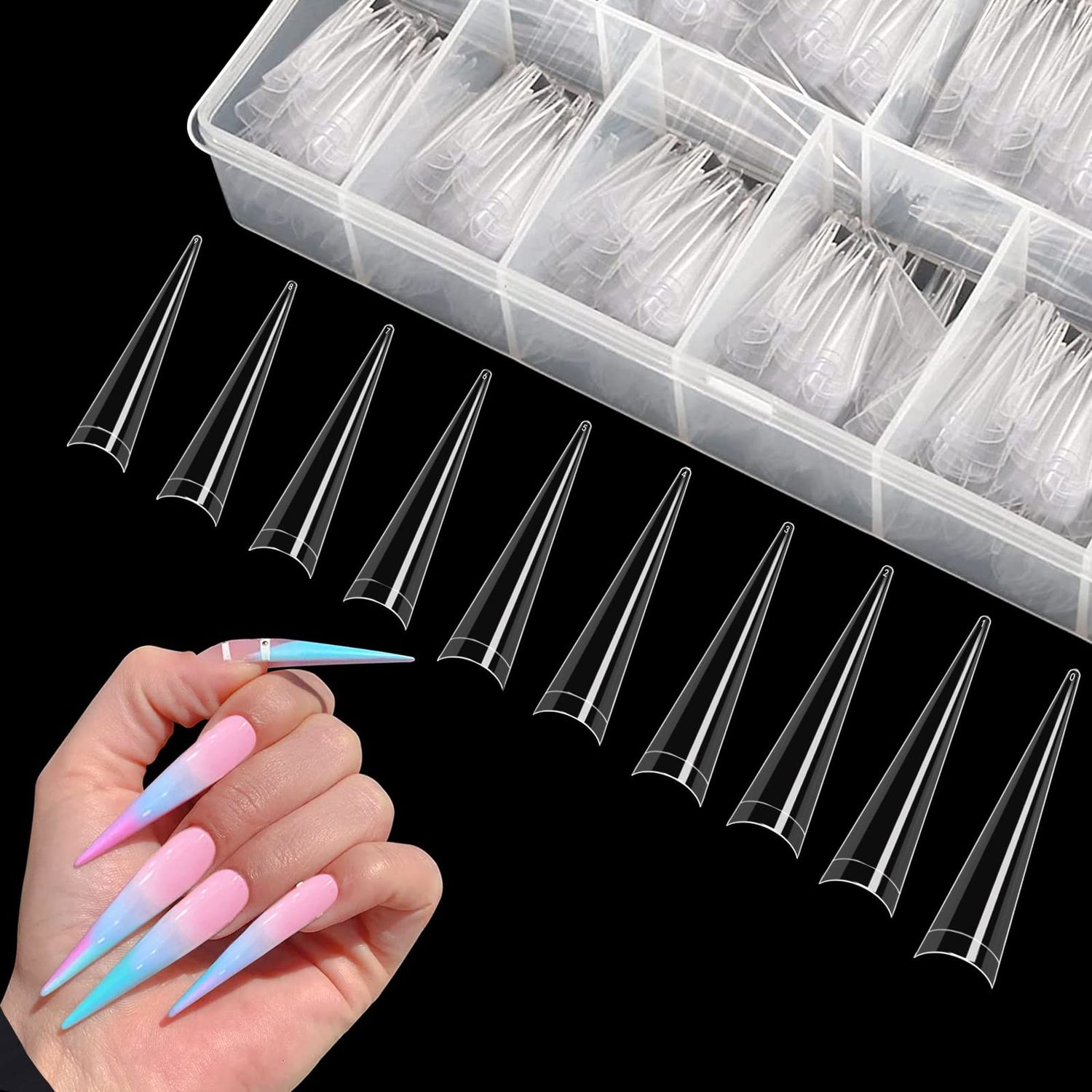 500pcs XXL Stiletto Nail Tips, Clear Half Cover Stiletto Nail Tips for Acrylic Nails, 10 Sizes False Nail Tips for Nail Extension with Box