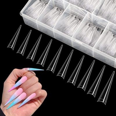 500pcs XXL Stiletto Nail Tips, Clear Half Cover Stiletto Nail Tips for Acrylic Nails, 10 Sizes False Nail Tips for Nail Extension with Box