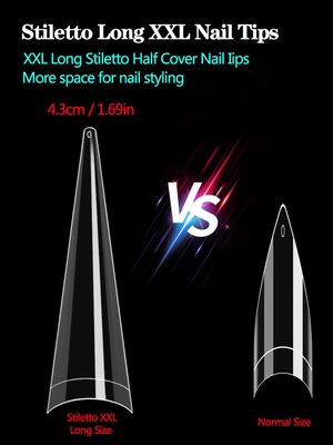500pcs XXL Stiletto Nail Tips, Clear Half Cover Stiletto Nail Tips for Acrylic Nails, 10 Sizes False Nail Tips for Nail Extension with Box