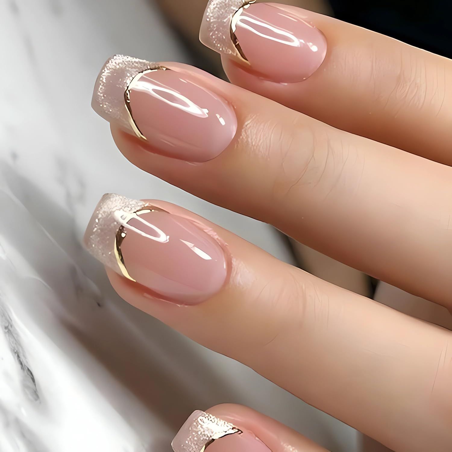 Short Square Press on Nails Cat Eyes French Tip False Nails Ombre Fake Nails with Gold Lines Designs Glossy Gel Acrylic Nails Full Cover Glue on Nails Summer Glitter Stick on Nails for Women 24Pcs