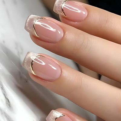 Short Square Press on Nails Cat Eyes French Tip False Nails Ombre Fake Nails with Gold Lines Designs Glossy Gel Acrylic Nails Full Cover Glue on Nails Summer Glitter Stick on Nails for Women 24Pcs