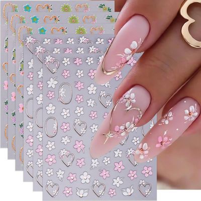 Flower Nail Stickers Heart Nail Art Stickers 6PCS 3D Self-Adhesive Valentines Day Stickers for Nails Glitter Floral Heart Design Spring Nail Decals Flowers Nail Supplies for Women Nail Art Decorations