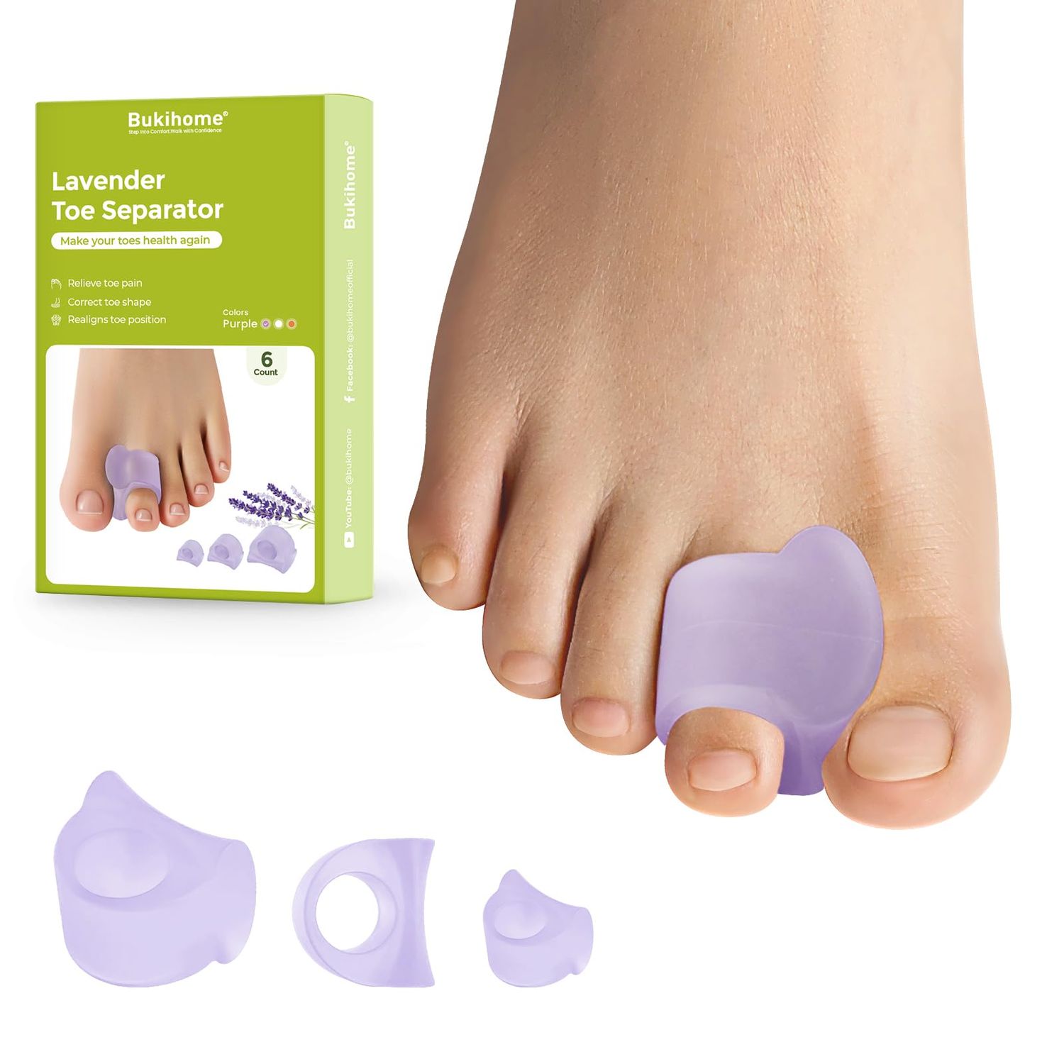Bukihome Toe Separator for Overlapping Toes - 6 Pack Toe Spacers for Bunions with Lavender Extract - Toe Corrector for Hammer Toes, Realign Crooked Toes (Multi-Size, Lavender)
