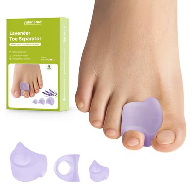 Bukihome Toe Separator for Overlapping Toes - 6 Pack Toe Spacers for Bunions with Lavender Extract - Toe Corrector for Hammer Toes, Realign Crooked Toes (Multi-Size, Lavender)
