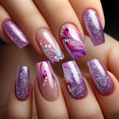 Medium Press on Nails Coffin Purple Fake Nails with Designs Purple French Tip False Nails Cute Gel Acrylic Nails Full Cover Glue on Nails Glitter Diamond Stick on Nails for Women Supply 24Pcs
