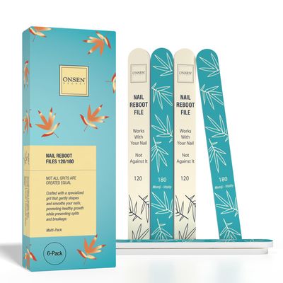 Onsen Secret Japanese Nail File - Professional 6-Pack Nail Files, Double Sided Natural &amp; Acrylic Filers - 120/180 Grit - Disposable, Salon Smooth | Best Onsen File for Shiny Nails