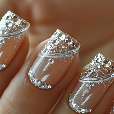 French Tips Press on Nails with Rhinestones Design,Fake Nails Sparkly False Nails Glue on Nails Manicure Glitter French Stick on Nails Full Cover Acrylic Nails Short Square Press on for Women 24Pcs