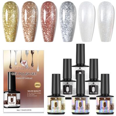 KINGMAS Gel Nail Polish Set, 6Pcs Glitter Color Gel Polish Kit Soak Off UV LED Gel Nail Kits Nail Art Design Decoration Gift for Girls Women Home DIY (43-48 Glitter Collection)