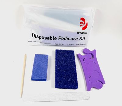 IPNails Pedicure kit 5 in 1, Wooden Nail File 100/120 grit, Buffer 100/120 grit, Pumice pad, Wooden Stick, Toe seperators 80 Kits per Box