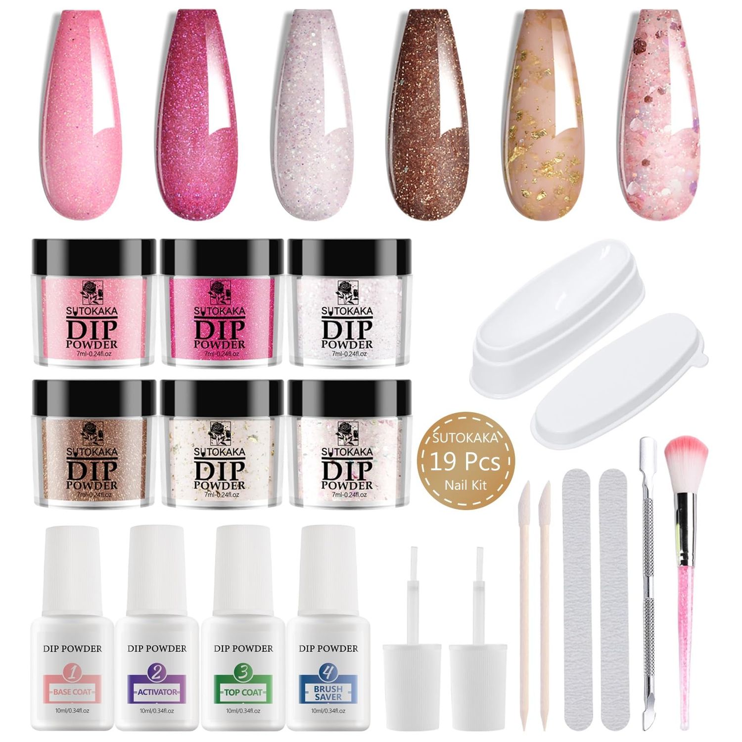 SUTOKAKA Dip Powder Nail Kit Starter, 6 Colors All Seasons Nude Pink Glitter Dipping Powder Set Nail Art Kit with French Dip Container for Women Manicure Design 19Pcs
