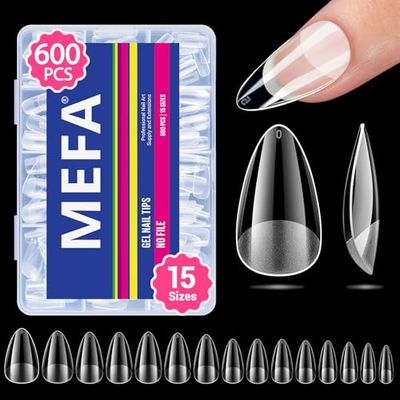 MEFA Nail Tips, Short Almond 15 Sizes, 600 Pcs Gel Nail Tips Half Matte Full Cover Pre-shaped Acrylic Press on Nails for Nail Extension Home DIY Salon Christmas Gifts for Women