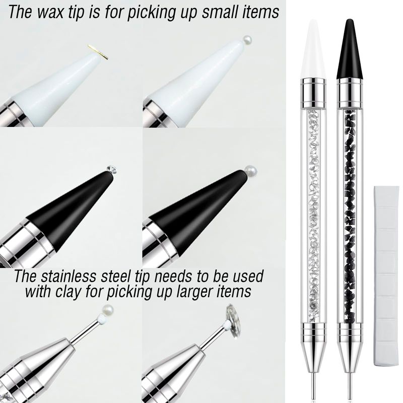 LIGHT RAIN Rhinestone Picker Tool - 2 Pcs Dual-head Pen with 4 Wax Tip, and Precision Jewelry Tweezers Kit for Pick Up Nail Art Gems, Stone, Crystals and Nail Charms