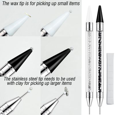 LIGHT RAIN Rhinestone Picker Tool - 2 Pcs Dual-head Pen with 4 Wax Tip, and Precision Jewelry Tweezers Kit for Pick Up Nail Art Gems, Stone, Crystals and Nail Charms