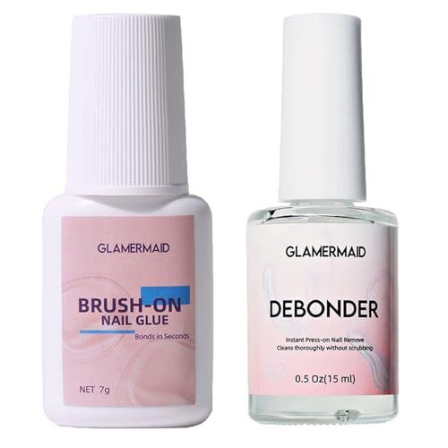 GLAMERMAID 2Pcs/Set Super Strong Nail Glue Remover for Press on Nails with Nail Glue Debonder Kit, Nail Glue with Brush for Nails Tip &amp; Nail Glue Remover Glue Off for Acrylic False Nails