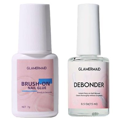 GLAMERMAID 2Pcs/Set Super Strong Nail Glue Remover for Press on Nails with Nail Glue Debonder Kit, Nail Glue with Brush for Nails Tip &amp; Nail Glue Remover Glue Off for Acrylic False Nails