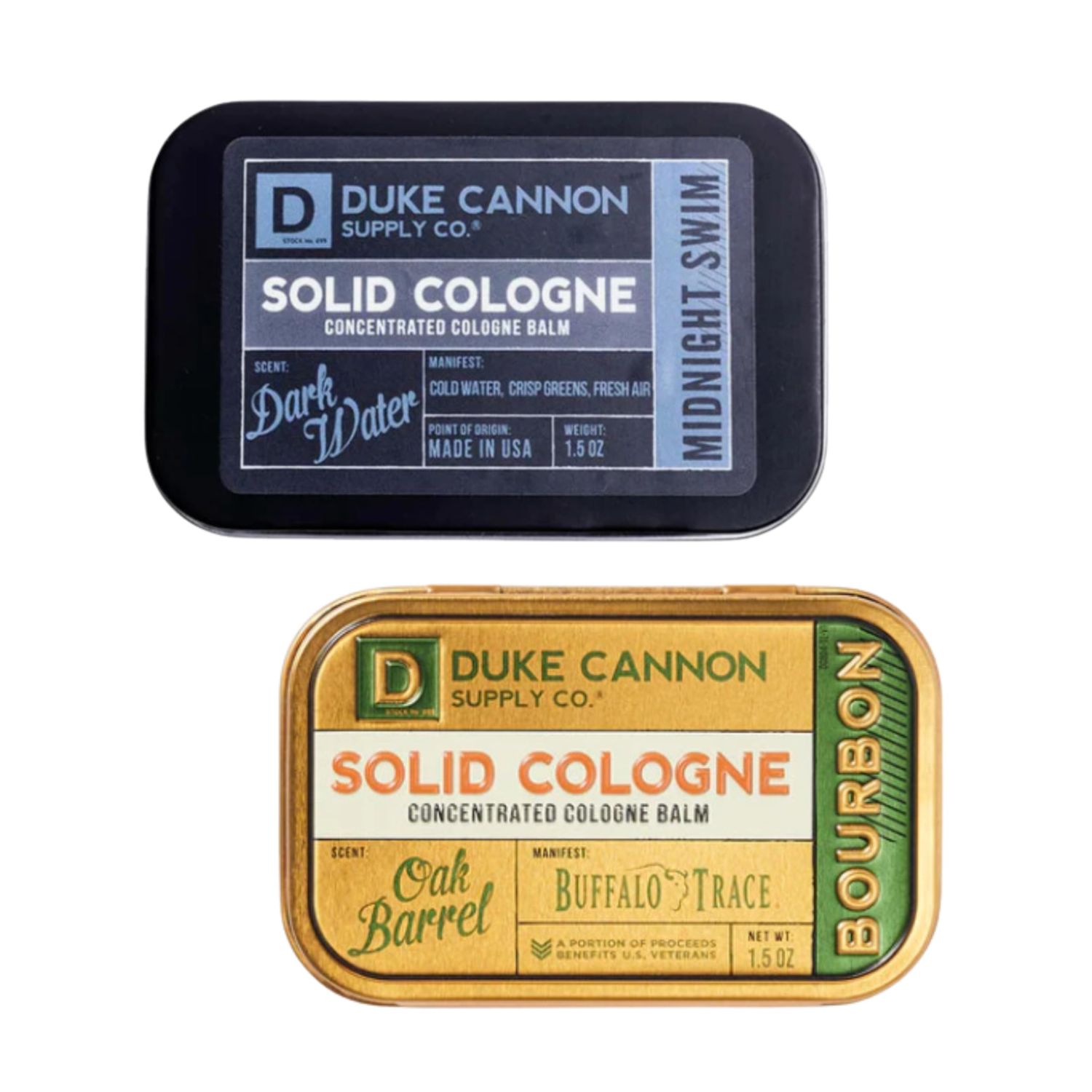 Duke Cannon Solid Cologne Bourbon &amp; Midnight Swim, Portable Concentrated Cologne Balm, Travel-Friendly, 1.5 oz. 2-Pack