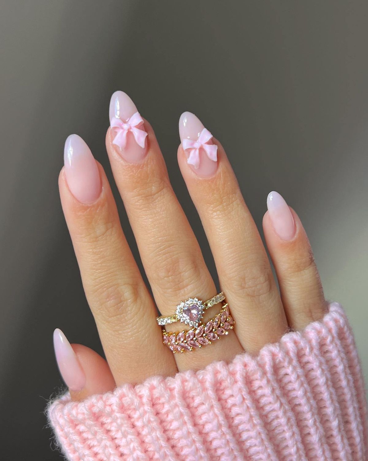 Cute Press on Nails with Bow Charm Designs Cute Pink Fake Nails Medium Almond Shaped Acrylic Nails Gloss False Nails Reusable Glue on Nails for Women Girls