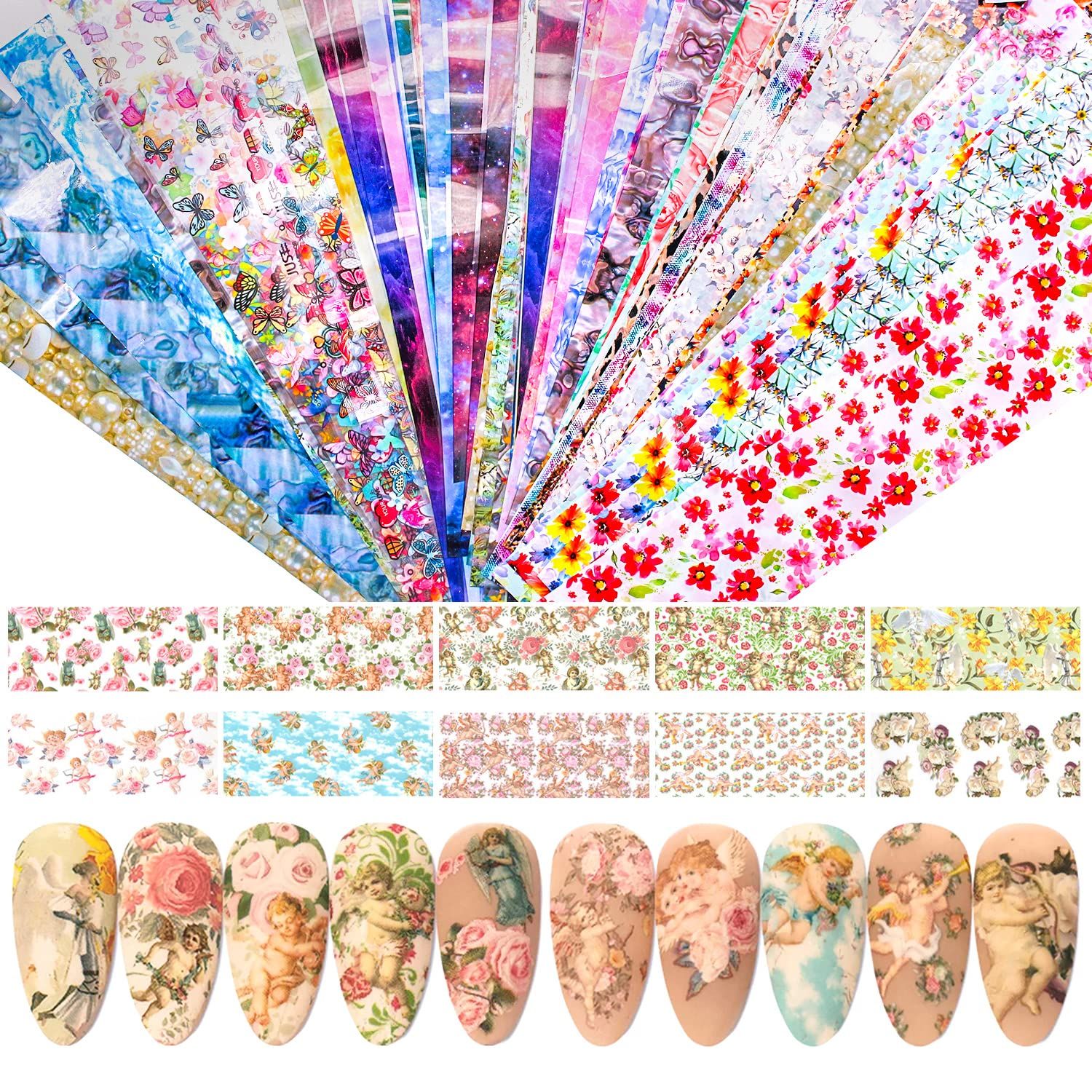 DANNEASY 150 Sheets Nail Foil Transfer Foil Stickers Nail Art Decals Starry Sky Laser Flower Leopard Print Nail Design Nail Art Foils for Larger, Longer Gel Nails