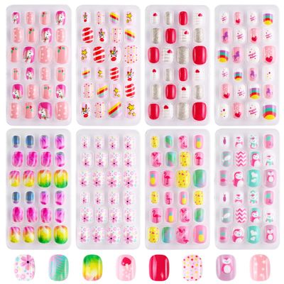 192Pcs 8Pack Jsiallye Press on Nails for Kids, Fake Nails for Kids Pre-glue Full Cover Glitter Gradient Color Unicorn Animal press on Nail Kits Sets Gifts for Girls