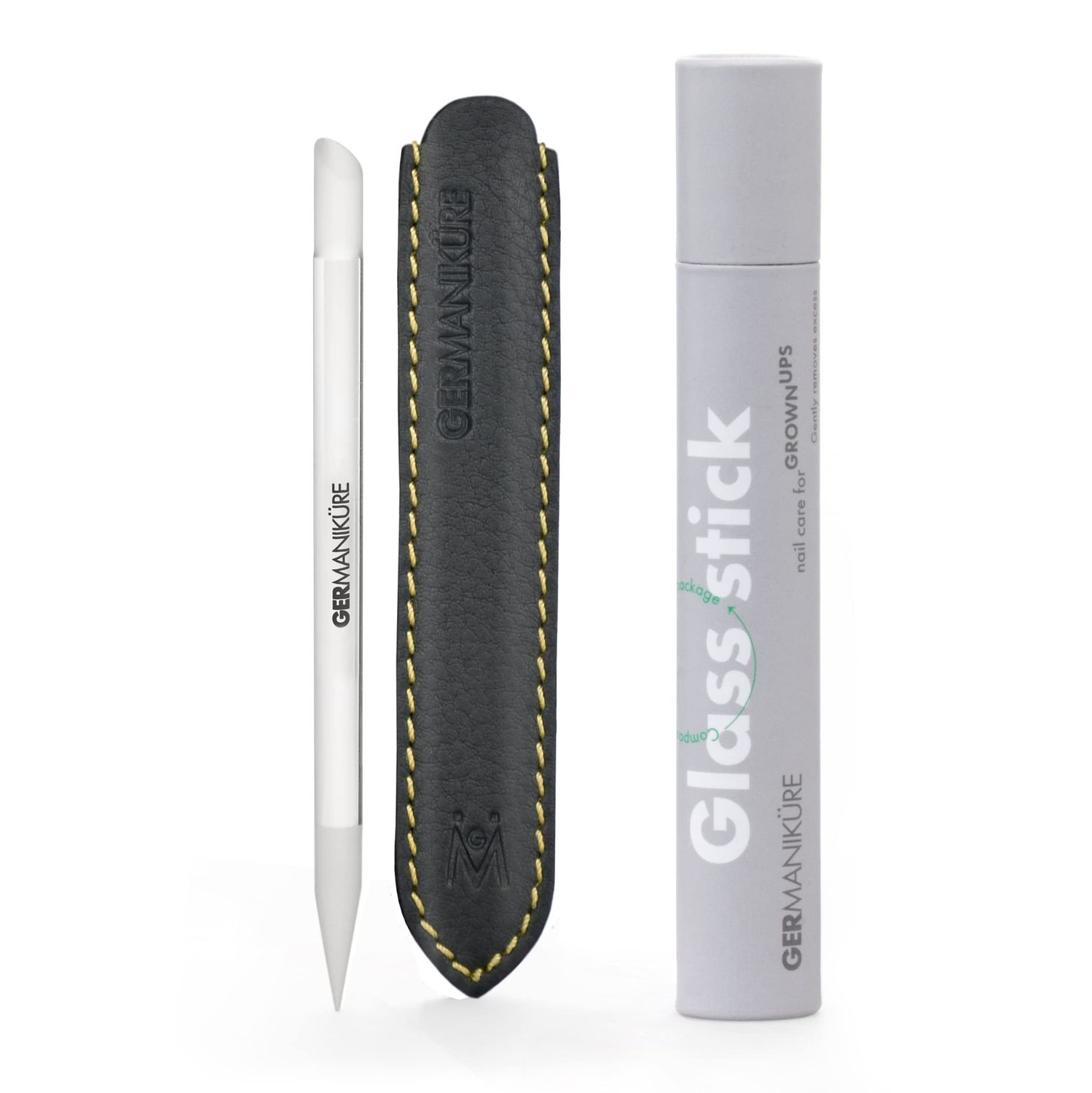 GERMANIKURE Clear Glass Cuticle Stick in Leather Sleeve - Ethically Made in Czech Republic - Cuticle Pusher &amp; Remover, Callous &amp; Dry Skin Fingertip File, Nail Shaper