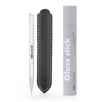 GERMANIKURE Clear Glass Cuticle Stick in Leather Sleeve - Ethically Made in Czech Republic - Cuticle Pusher &amp; Remover, Callous &amp; Dry Skin Fingertip File, Nail Shaper